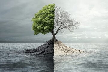 Poster - Contrast of life and death in a solitary tree standing between two worlds