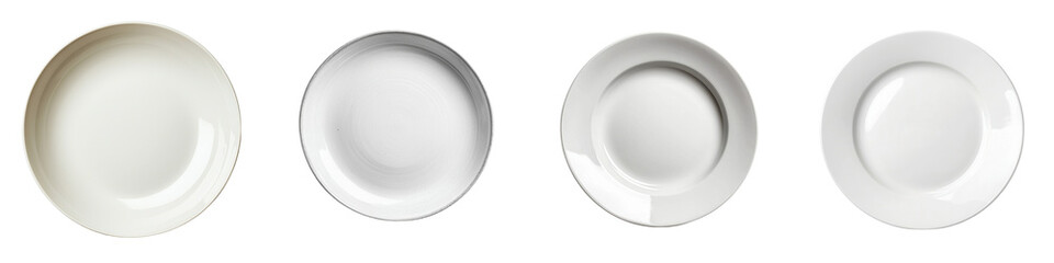 Poster - Four different styles of white ceramic plates arranged in a row on a simple background showcasing their shapes and designs