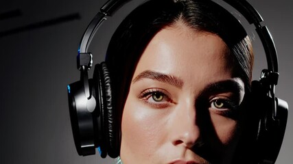 Poster - A stylized approach with a dark, gradient backdrop, her face under a concentrated beam of blue studio light, revealing a poised yet serious look beneath the headphones.
