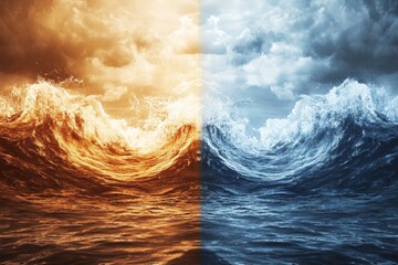 Aufkleber - Waves clash in contrasting hues under dramatic skies depicting a vibrant sunset and a moody twilight