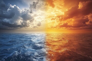 Poster - Stunning contrast between a stormy sky and a vibrant sunset over the ocean