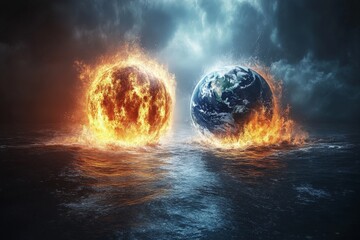 Aufkleber - Fiery sun and earth collide over turbulent ocean in dramatic cosmic imagery