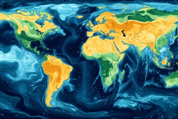 Poster - Colorful world map with vibrant textures illustrating geographical features and ocean currents
