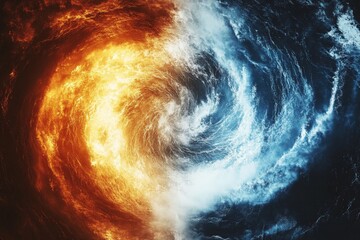 Aufkleber - Visual representation of fire and water elements colliding in a dynamic swirl at dusk