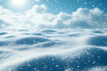 Poster - Snowy landscape under bright sunlight with gentle snowflakes falling from the sky