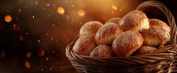 Poster - Freshly baked sesame buns in a wicker basket with a warm golden glow in the background, symbolizing homemade bread, comfort food, and traditional baking.