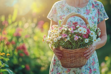 Happy woman in a floral dress holding a basket of fresh flowers, standing in a sunny garden.