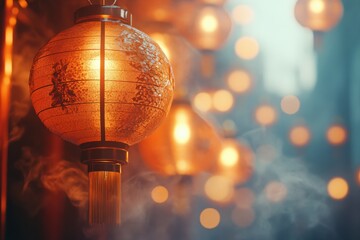 Aufkleber - Beautiful paper lanterns illuminate a vibrant street during a festive night celebration