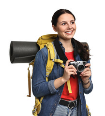 Sticker - Young tourist with camera and backpack on white background