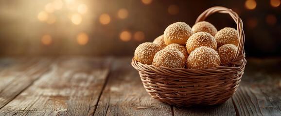 Poster - A basket filled with freshly baked sesame buns resting on a wooden table with a warm glowing background, symbolizing homemade comfort food, bakery, and rustic vibes.