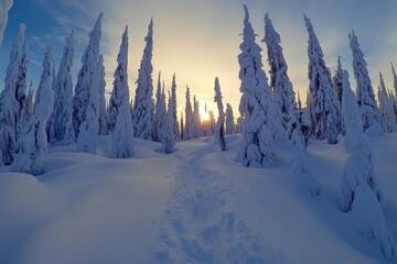 Aufkleber - Winter landscape with snow-covered trees and soft sunlight illuminating the forest at sunset