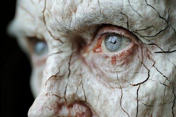 Poster - Detailed close-up of a weathered sculpture with visible cracks and striking eyes reflecting light