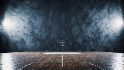 Poster - A dramatic, dimly lit basketball court in a large arena, a single spotlight illuminating the center circle while faint smoke drifts across the polished floor.