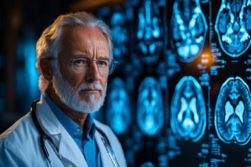 Aufkleber - Senior doctor analyzes brain scans in a modern medical facility during evening hours