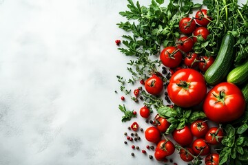 Poster - Colorful assortment of fresh vegetables including tomatoes, cucumbers, and herbs on a light surface