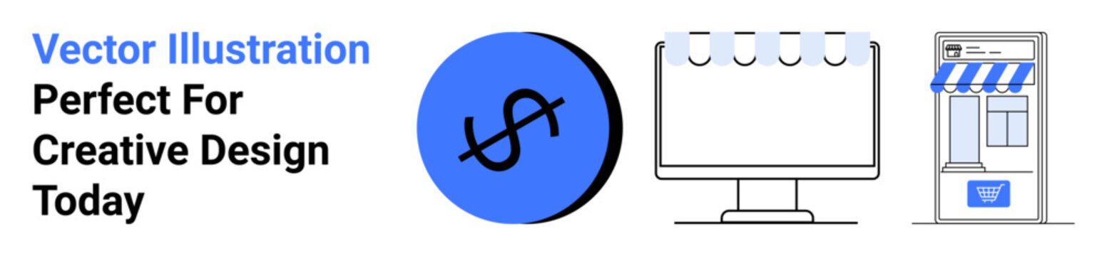 Dollar icon, computer monitor with calendar, and storefront graphics. Ideal for finance, e-commerce, small business, marketing, strategy, planning and modern designs in flat landing page banner