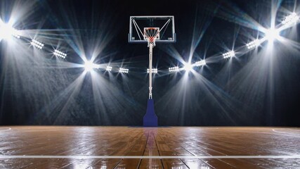 Poster - A dramatic, dimly lit basketball court in a large arena, a single spotlight illuminating the center circle while faint smoke drifts across the polished floor.