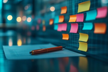 Poster - Team brainstorming session with colorful sticky notes on a glass board in a modern office environment