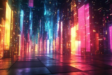 Aufkleber - Vibrant futuristic cityscape illuminated by glowing lights in a digital corridor at night