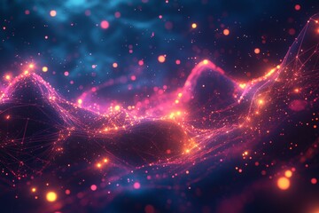 Aufkleber - Vibrant abstract representation of waves with glowing particles in a cosmic landscape at night