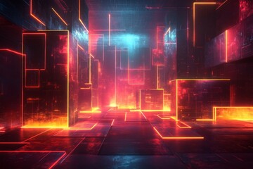 Aufkleber - Vivid neon landscape with glowing geometric shapes in a futuristic environment