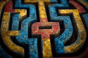 Poster - Colorful labyrinth design created with carved wooden blocks representing a maze and artistic expression