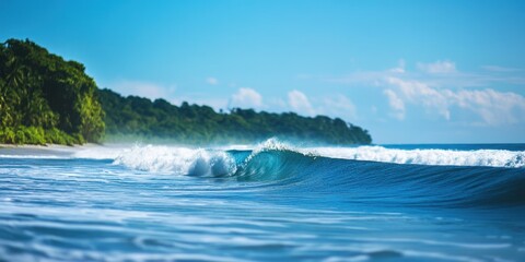 Wall Mural - serene ocean waves gently roll onto a tranquil beach under a clear blue sky.