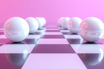 Poster - Modern take on a classic chessboard with glossy white spheres on a reflective pink backdrop