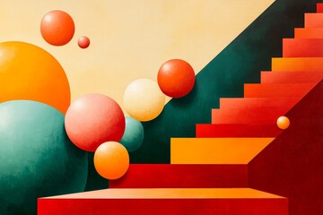 Fototapete - Colorful abstract artwork featuring geometric shapes and stairs in vibrant hues of red, orange, and teal