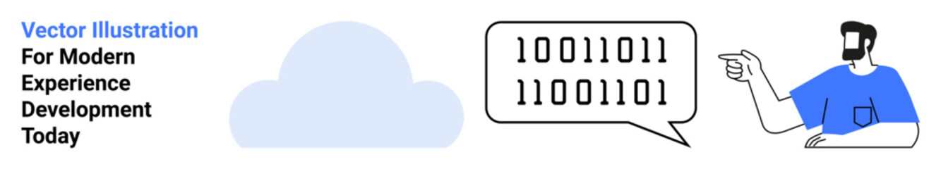 Man gesturing to represent cloud computing, binary speech bubble, and cloud graphic. Ideal for technology, data storage, coding, programming, software development, cloud services flat landing page