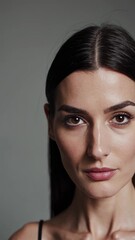 Poster - A minimalistic head-and-shoulders portrait focusing on her captivating brown eyes, framed by sleek, dark hair as she looks calmly toward the viewer.