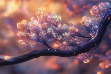 Aufkleber - Glowing branches adorned with shimmering leaves in an ethereal landscape during twilight