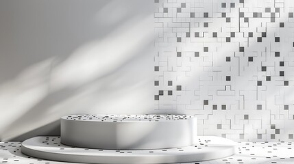 Poster - a clean mosaic podium featuring a few scattered black tiles on a white background, highlighted by fo