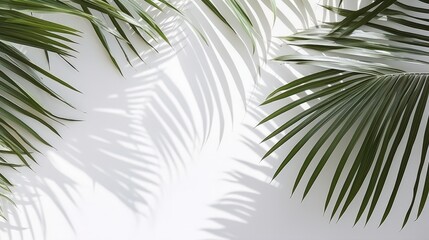 Poster - Natural Green Palm Leaves Casting Soft Shadows on a Bright White Background Creating a Serene and Tranquil Atmosphere Ideal for Relaxation or Decoration