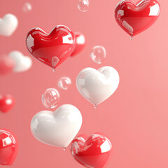 Poster - Floating red and white heart-shaped balloons with bubbles on a soft pink background, symbolizing love, romance, and Valentine's Day celebration