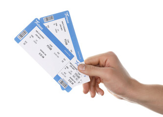 Sticker - Travel agency. Man holding flight tickets on white background, closeup