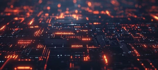 Poster - Abstract Technology Background. Circuit Board With Red Lights On A Dark Blue Background
