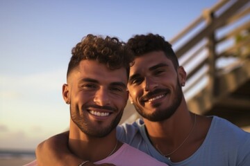 Wall Mural - Brazilian gay couple portrait romance smile.