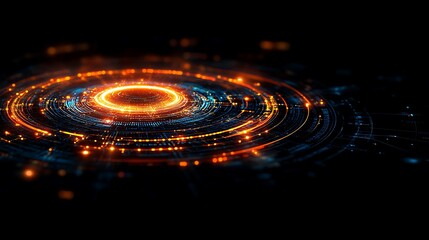 Poster - Abstract glowing circle with intricate blue and orange lines on a black background