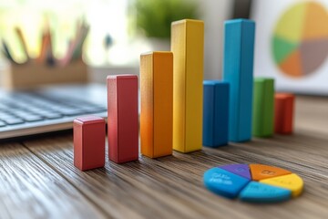 Aufkleber - Colorful wooden blocks represent data trends beside a laptop and a pie chart in a well-lit workspace
