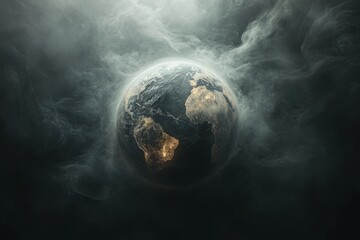 Poster - Mysterious planet earth surrounded by dark clouds and ethereal mist at night