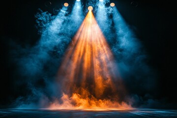 Poster - Colorful stage lights illuminate a smoky performance area for an upcoming show in a dramatic atmosphere