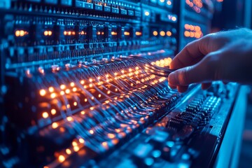 Aufkleber - Technicians interact with illuminated wires in an electronic control panel during a late evening setup
