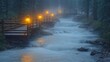 © Syafa - Misty River Path with Illuminated Wooden Bridge at Night