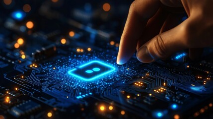 Wall Mural - Cybersecurity Concept Glowing Digital Padlock on Circuit Board with Hand, Blue Tones