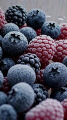 Poster - A close-up shot of a clear plastic container filled with frozen mixed berries—raspberries, blueberries, and blackberries—frost crystals visible on each piece.