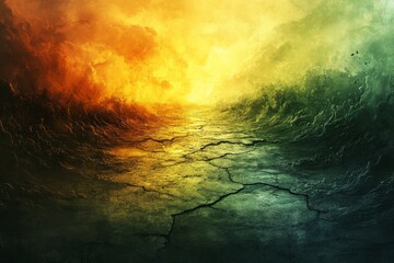 Aufkleber - Waves crashing against a fiery sky creates a dramatic and surreal landscape at sunset
