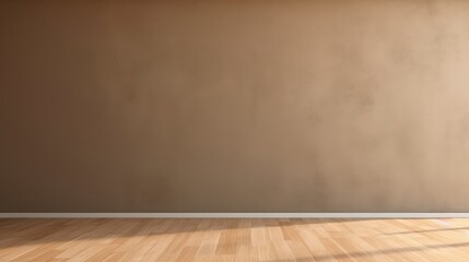 Poster - 3d render of an empty dark beige wall background with smooth texture and wooden floor for use in var
