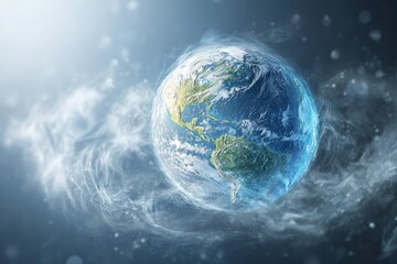 Poster - Glowing Earth against a dark background with swirling clouds revealing land and ocean details