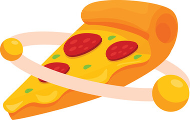 Poster - cartoon pepperoni pizza slice with melted cheese orbiting around two planets, representing the conce